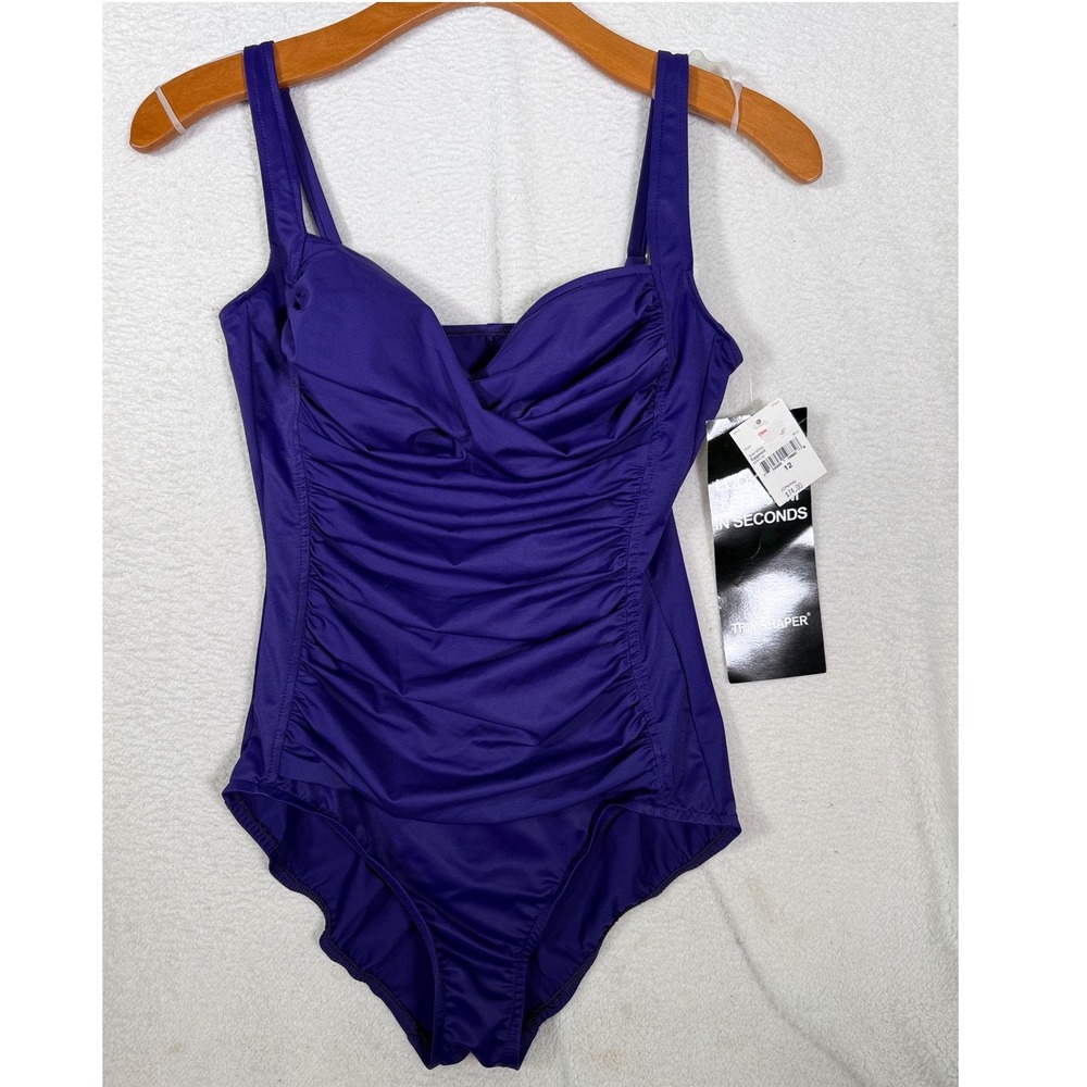 New Trimshaper One Piece Bathing Suit Swimsuit Purple Ruched Tummy Control 12